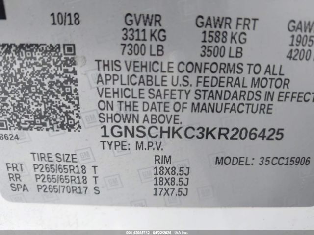 1GNSCHKC3KR206425 Chevrolet Suburban Lt