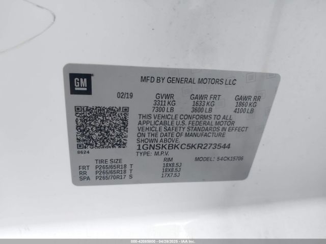 1GNSKBKC5KR273544 Chevrolet Tahoe Lt