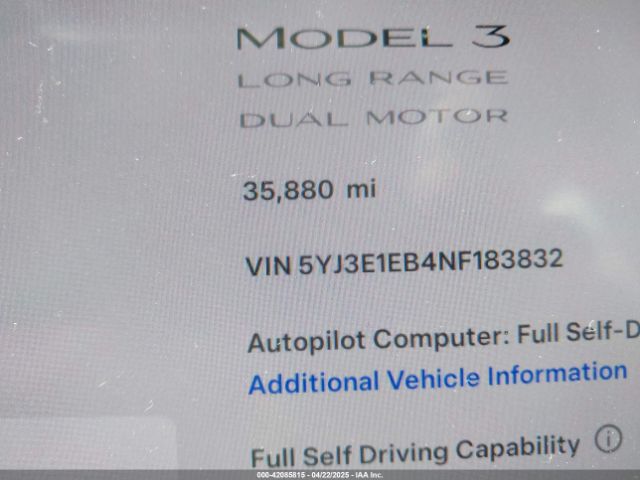 5YJ3E1EB4NF183832 Tesla Model 3 Long Range Dual Motor All-wheel Drive