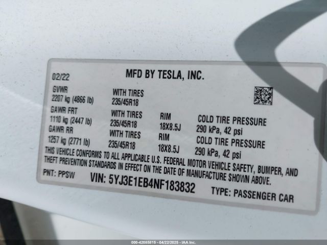 5YJ3E1EB4NF183832 Tesla Model 3 Long Range Dual Motor All-wheel Drive