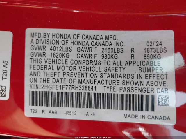 2HGFE1F77RH328841 Honda CIVIC EX