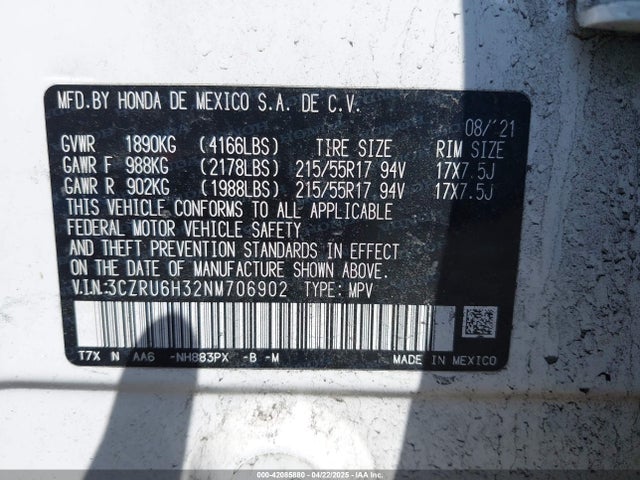 3CZRU6H32NM706902 Honda Hr-v Awd Lx