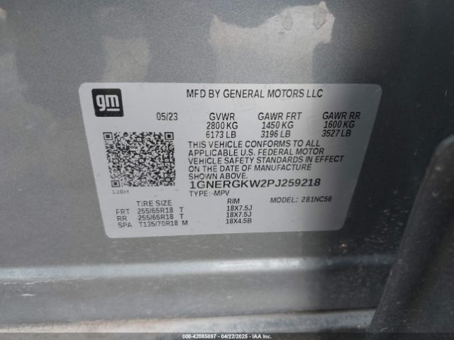 1GNERGKW2PJ259218 Chevrolet Traverse Fwd Lt Cloth