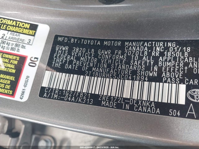 2T1BURHE5JC041894 Toyota COROLLA LE
