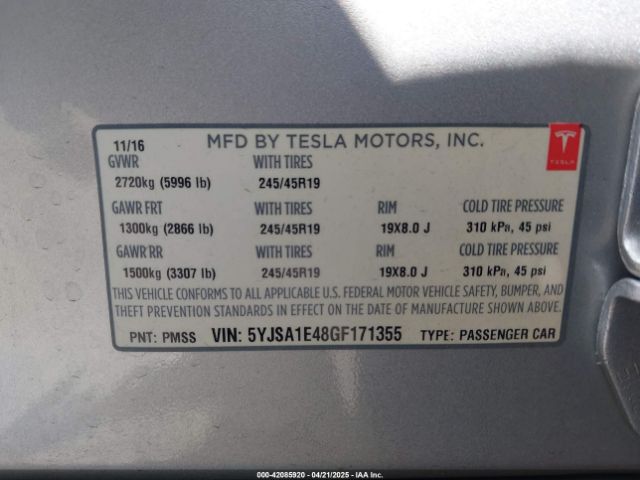 2016 TESLA MODEL S 5YJSA1E48GF171355 Photo 8