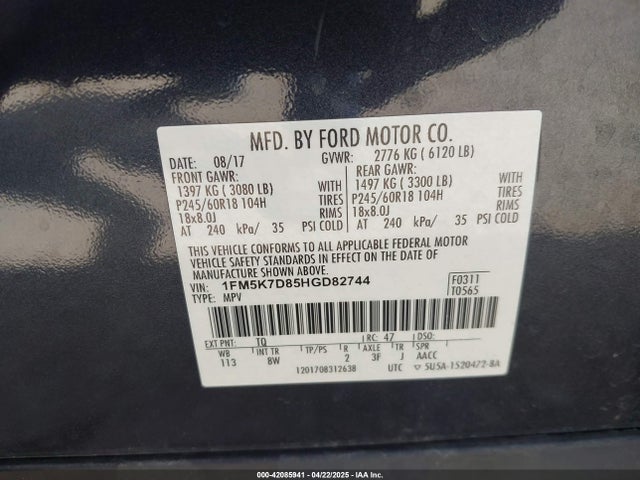 1FM5K7D85HGD82744 Ford EXPLORER XLT