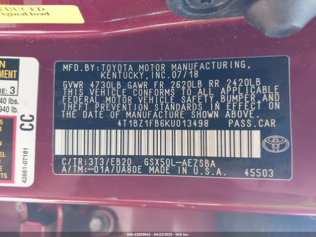 4T1BZ1FB6KU013498 Toyota Avalon Touring