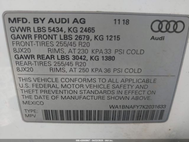 WA1BNAFY7K2031633 Audi Q5 45 Premium