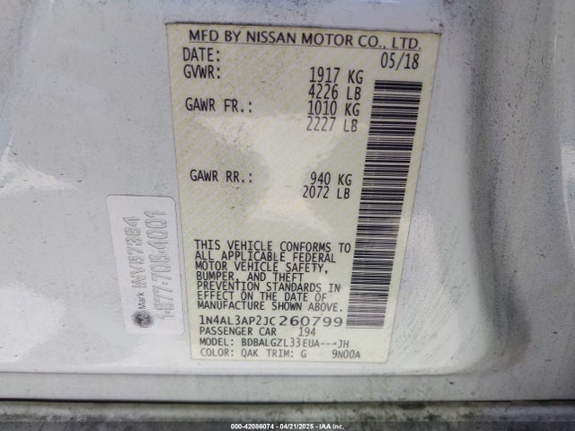 Nissan Altima 2.5 S 2018 1N4AL3AP2JC260799 Image 9