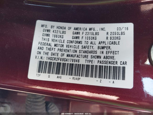 1HGCR2F69GA179946 Honda Accord Sport