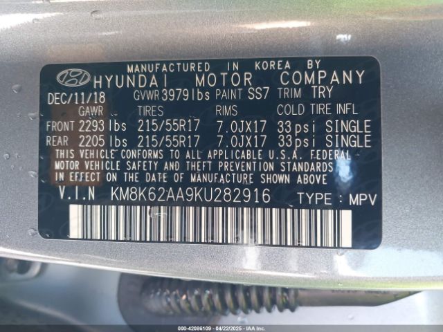 KM8K62AA9KU282916 Hyundai Kona Sel