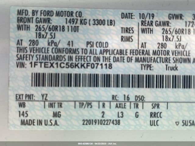 1FTEX1C56KKF07118 Ford F-150 Xlt