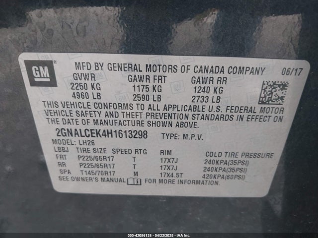 2GNALCEK4H1613298 Chevrolet EQUINOX LT
