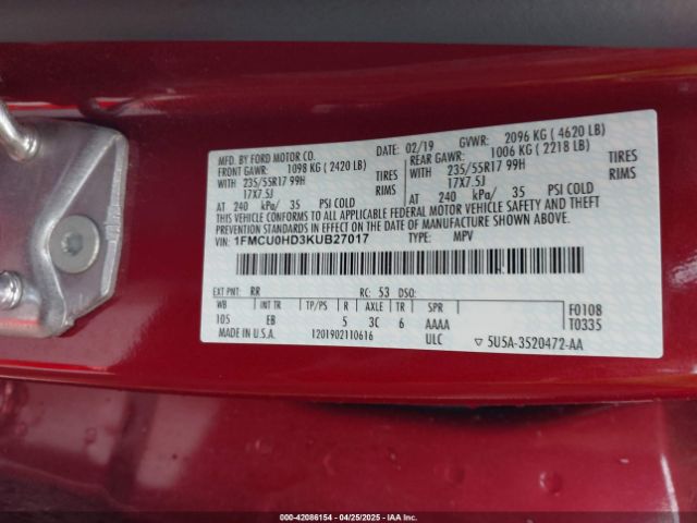 1FMCU0HD3KUB27017 Ford ESCAPE SEL