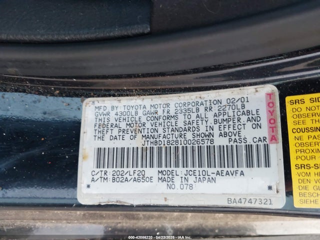 Aukcja sprzedaży 2001 Lexus Is 300, vin: JTHBD182810026578, numer aukcji: 42086220