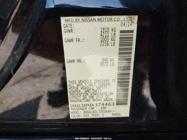 1N4AL3APXEN374463 Nissan Altima 2.5/2.5 S/2.5 Sl/2.5 Sv
