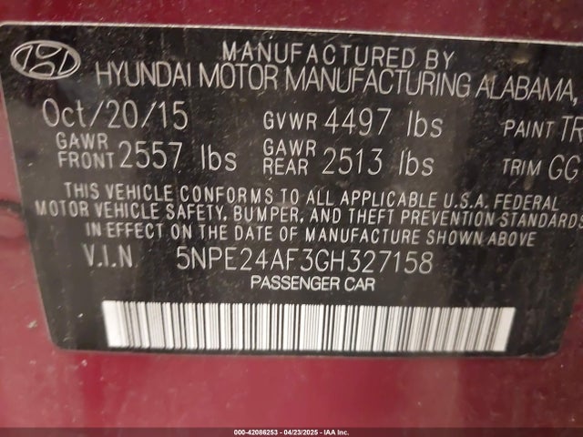 5NPE24AF3GH327158 Hyundai SONATA SE