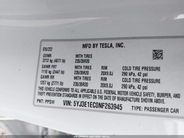 5YJ3E1EC0NF263945 Tesla Model 3 Performance Dual Motor All-wheel Drive