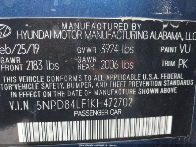 5NPD84LF1KH472702 Hyundai ELANTRA SEL