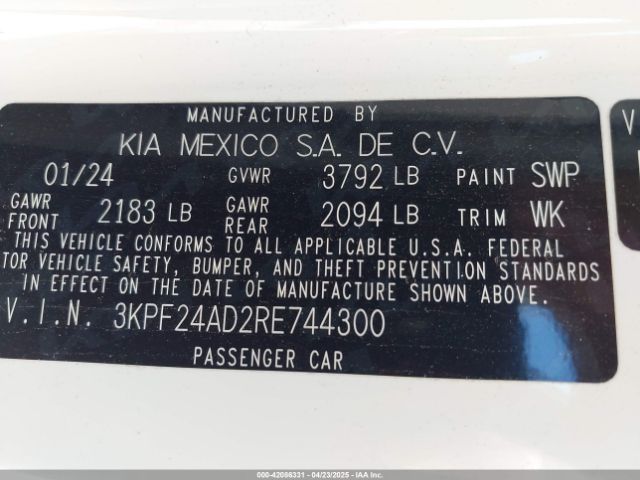 3KPF24AD2RE744300 KIA Forte Lxs
