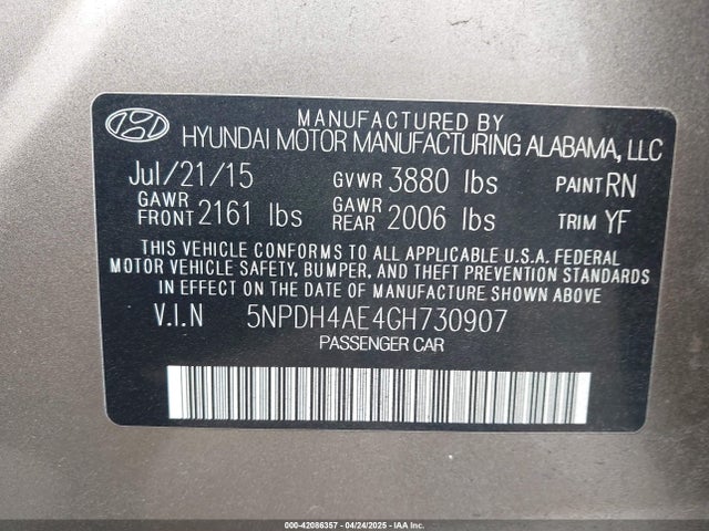 5NPDH4AE4GH730907 Hyundai ELANTRA SE