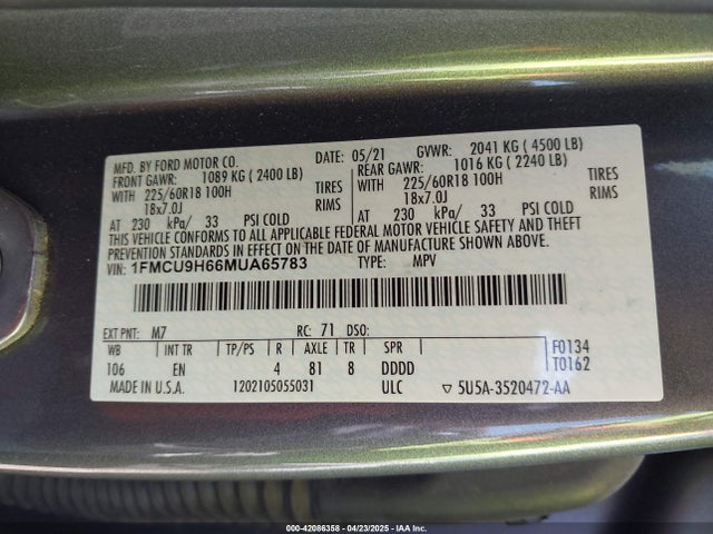 1FMCU9H66MUA65783 Ford ESCAPE SEL