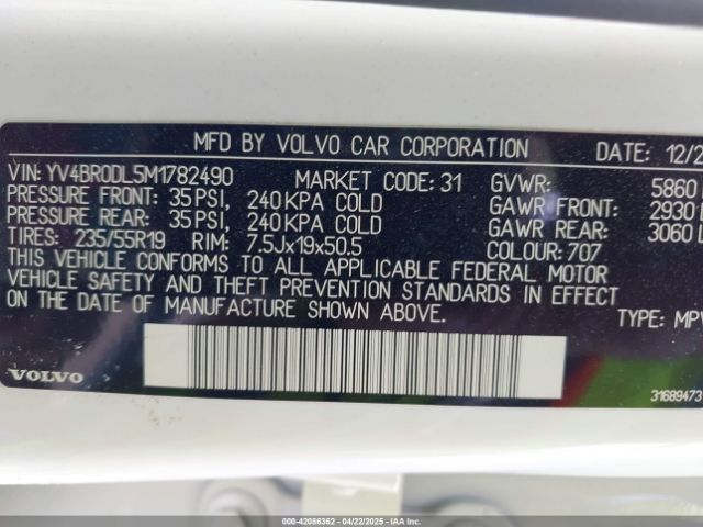 YV4BR0DL5M1782490 Volvo Xc60 Recharge Plug-in Hybrid T8 Inscription