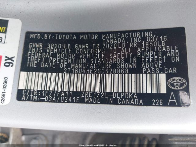 2T1BURHE2GC628868 Toyota COROLLA L
