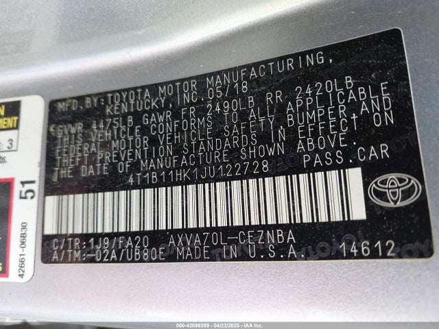 4T1B11HK1JU122728 Toyota CAMRY LE