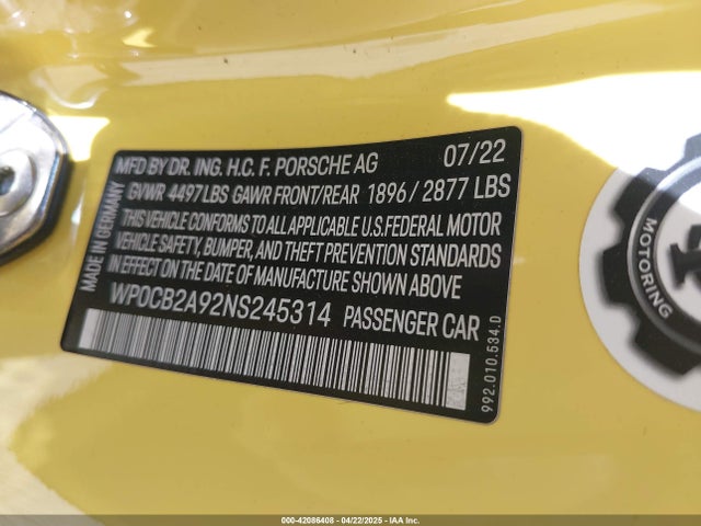 WP0CB2A92NS245314 Porsche 911 Carrera 4 Gts /carrera 4s /carrera Gts /carrera S