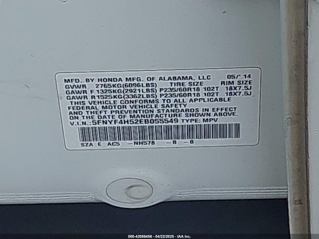 5FNYF4H52EB055549 Honda Pilot Ex-l