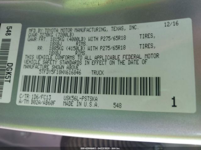 5TFDY5F18HX616846 Toyota Tundra Sr5 5.7l V8