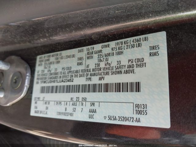 1FMCU0H61LUA23452 Ford ESCAPE SEL