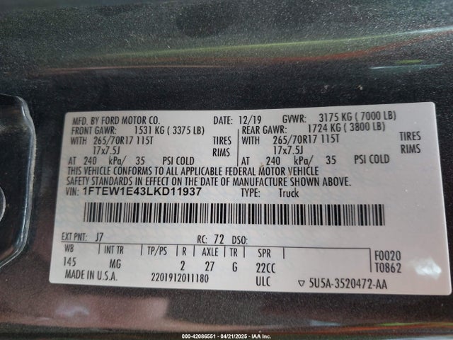 1FTEW1E43LKD11937 Ford F-150 Xlt