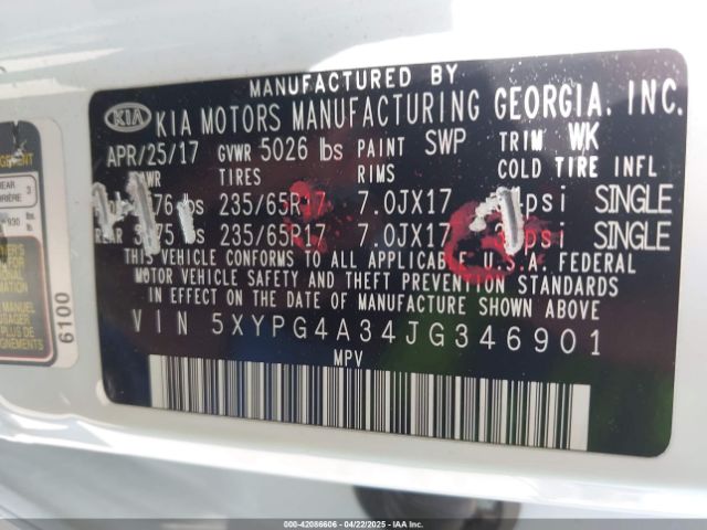 5XYPG4A34JG346901 KIA Sorento 2.4l Lx