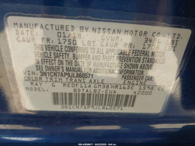 3N1CN7AP9JL860571 Nissan Versa 1.6 Sv