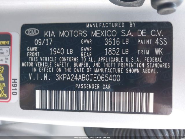 3KPA24AB0JE065400 KIA RIO LX