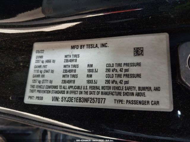 5YJ3E1EB3NF257077 Tesla Model 3 Long Range Dual Motor All-wheel Drive