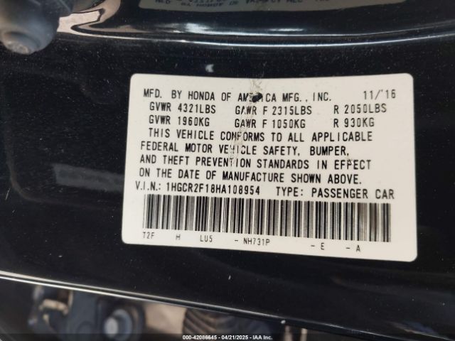 1HGCR2F18HA108954 Honda Accord Sport Se