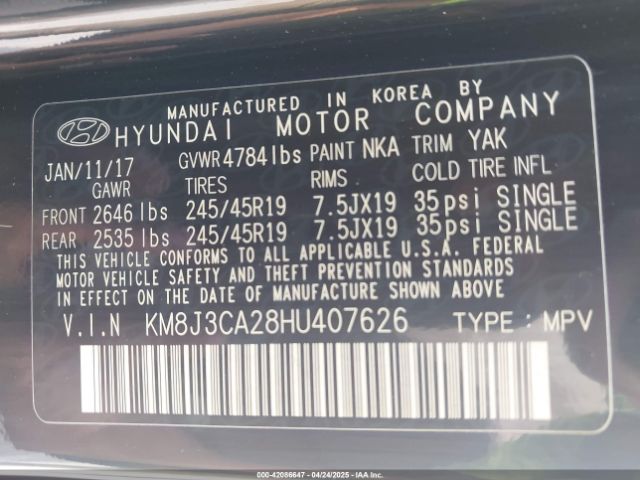 KM8J3CA28HU407626 Hyundai Tucson Limited