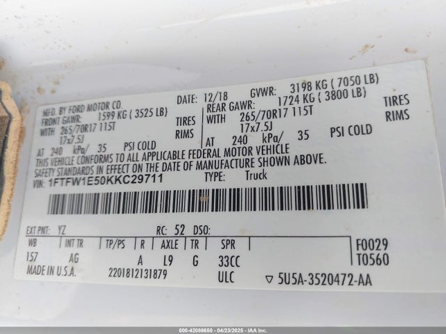 1FTFW1E50KKC29711 Ford F-150 Xl