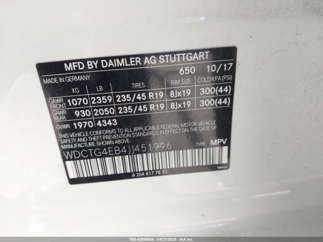 WDCTG4EB4JJ451996 Mercedes-Benz GLA 250