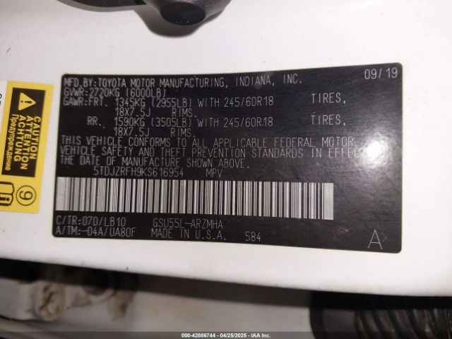 5TDJZRFH9KS616954 Toyota Highlander Xle