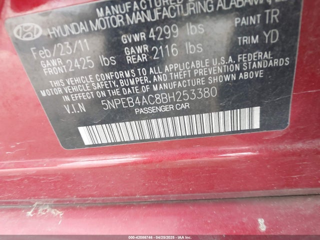 Aukcja sprzedaży 2011 Hyundai Sonata Gls, vin: 5NPEB4AC8BH253380, numer aukcji: 42086746