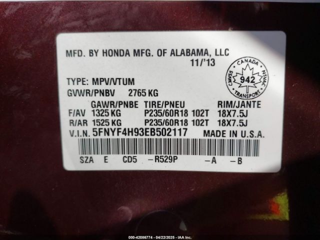 5FNYF4H93EB502117 Honda Pilot Touring