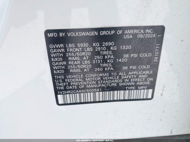 1V2HR2CA6SC500561 Volkswagen Atlas 2.0t Se W/technology