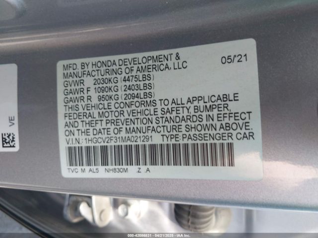 1HGCV2F31MA021291 Honda Accord Sport 2.0t