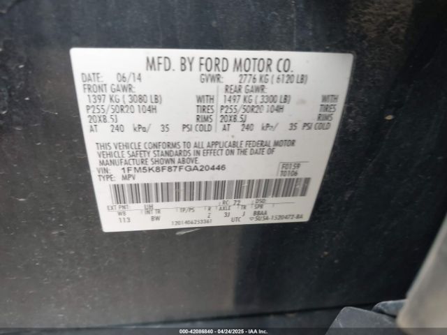 1FM5K8F87FGA20446 Ford Explorer Limited