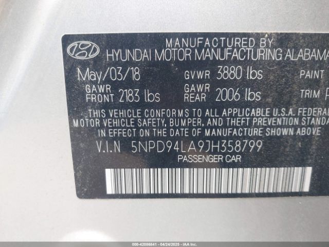 5NPD94LA9JH358799 Hyundai Elantra Eco