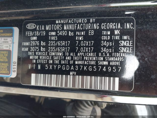 5XYPGDA37KG574957 KIA Sorento 2.4l Lx